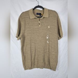 Polo Ralph Lauren Classic Linen Blend  Knit Polo Shirt Short Sleeve Khaki sz L